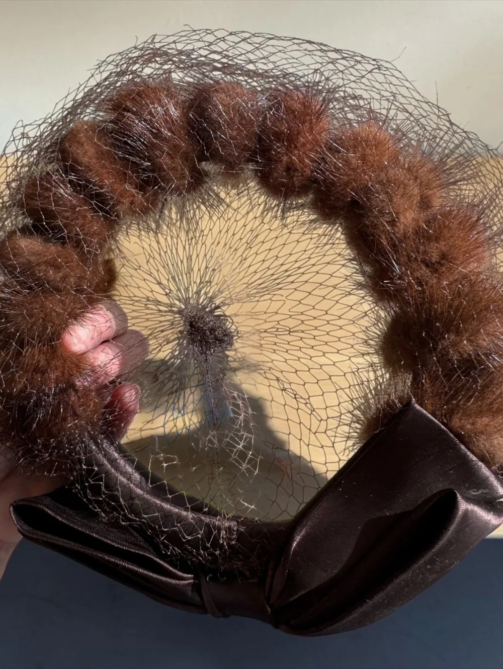 Vintage Edwardian Satin and Fur Hat with Decorative Bow and Netting